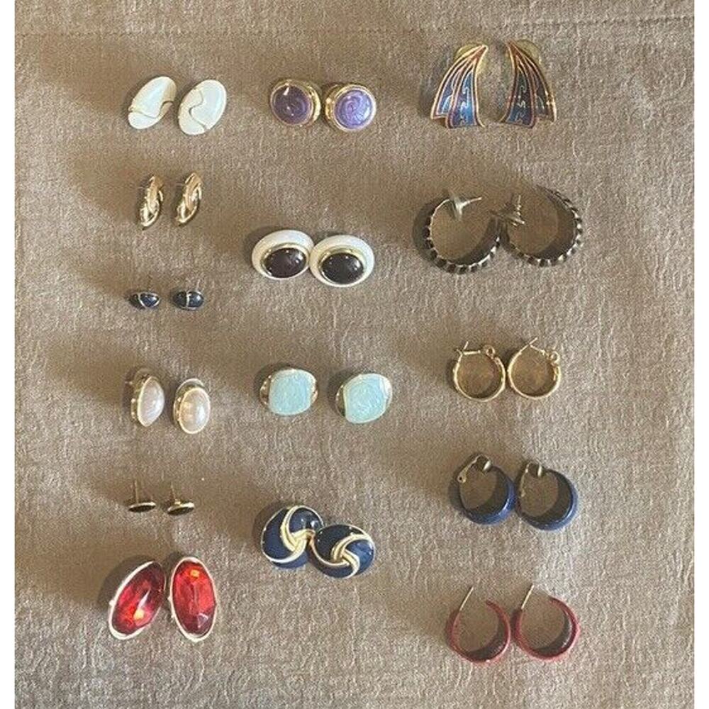 Lot of 15 Earrings VTG Costume Jewelry 1980s Enamel Metal Preppy Hoops Knots